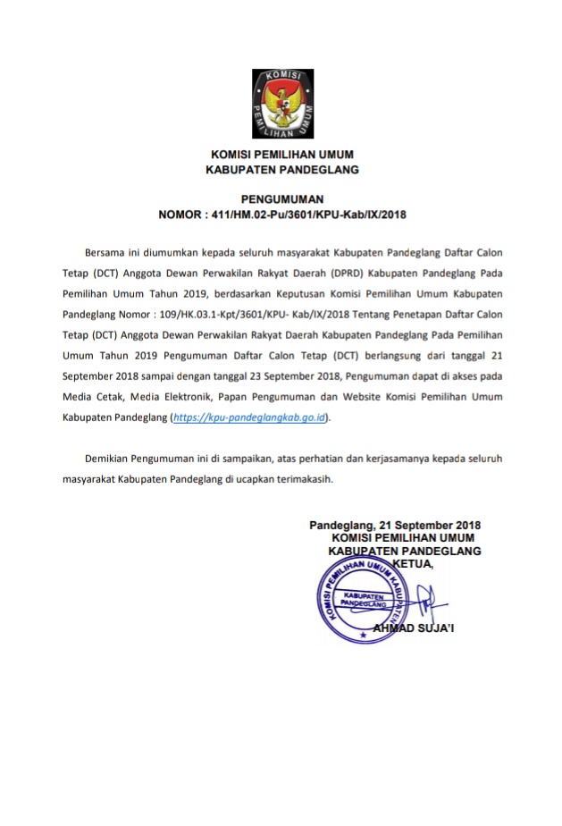 Pengumuman Daftar Calon Tetap Pileg 2019 Kabupaten 
