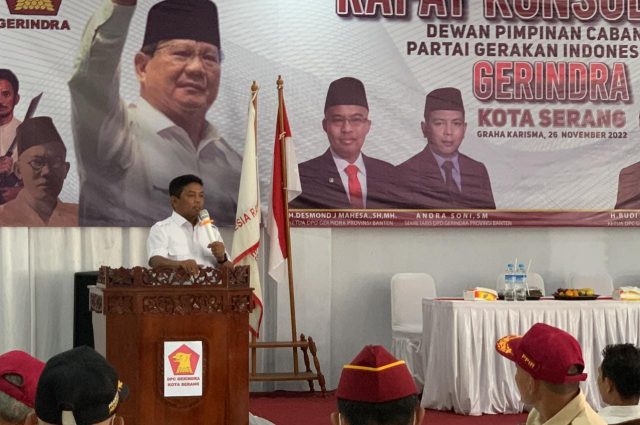 Gerindra Kota Serang Sekretaris DPD Partai Gerindra Banten, Andra Soni meminta pada para kader partai Gerindra merawat kekompakan dan bersatu meraih kemenangan pada pemilu 2024.