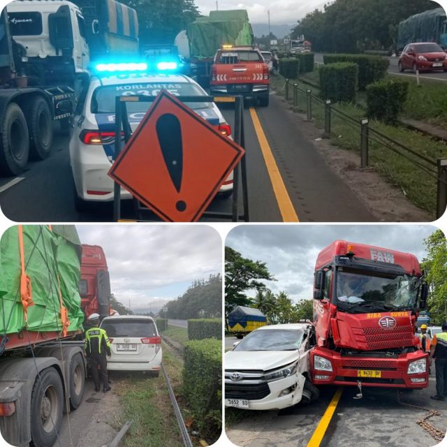 Kecelakaan melibatkan mobil pribadi dan trailer di Tol Tangerang - Merak tepatnya di KM 84.600A arah Merak, Rabu (12/4/2023).